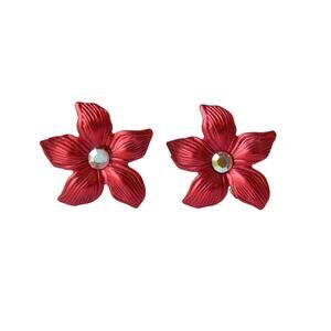 1990s Red Enamel White Rhinestone Christmas Holiday Flower Clip  Earrings